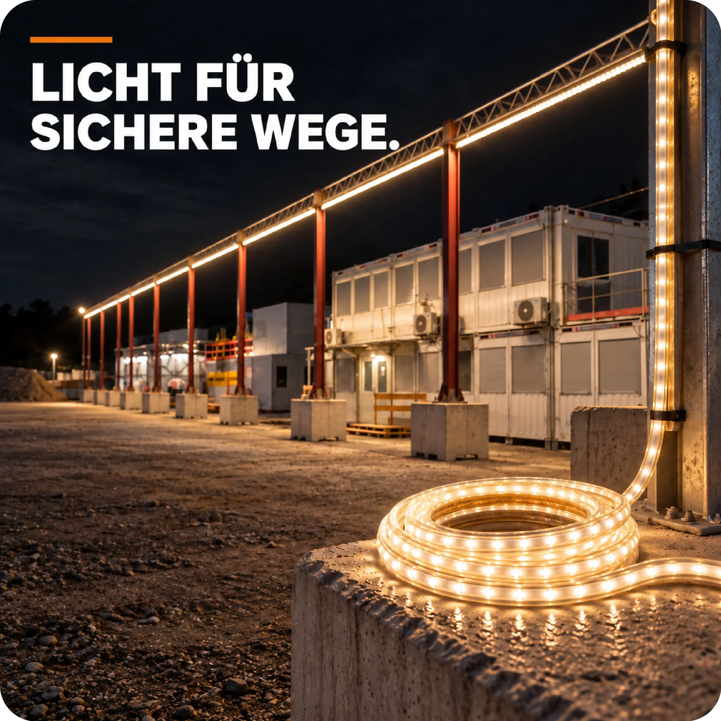 LED-Lichtschlauch beleuchtet eine Baustelle bei Nacht; Schriftzug „Licht für sichere Wege“