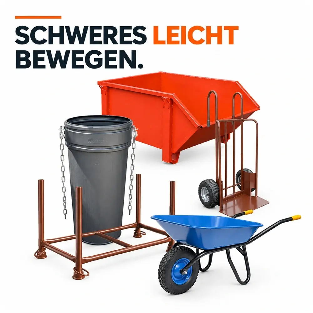 Hebe- und Transporttechnik mit Schubkarre, Transportkarre, Kippbehälter und Betonkübel; Schriftzug „Schweres leicht bewegen“