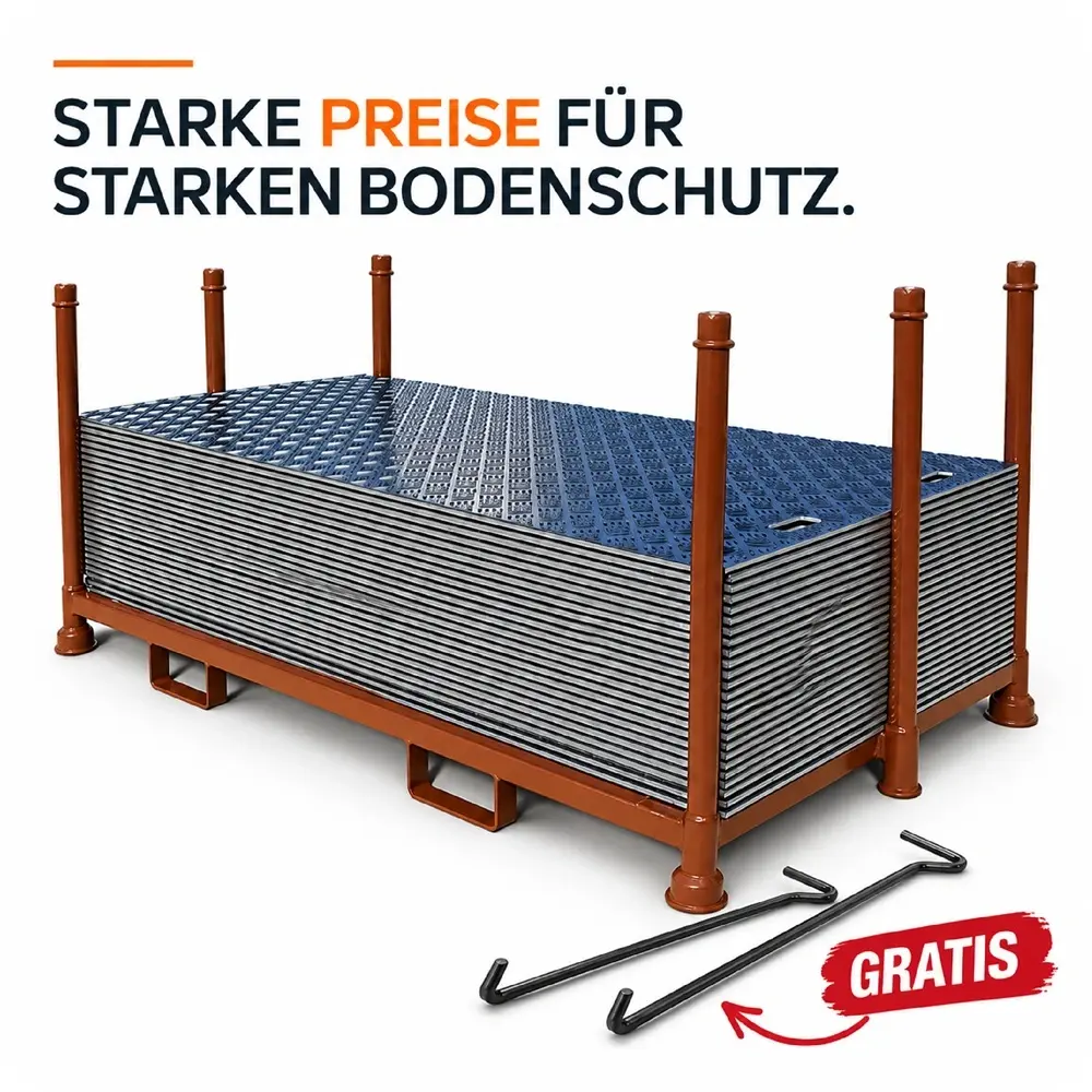 Fahrplattenset auf Transportgestell mit zwei Haken; Schriftzug „Starke Preise für starken Bodenschutz“