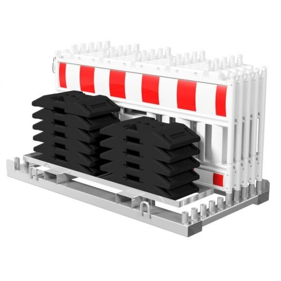 SCHAKE SET mit 10 Absperrschrankengitter und 11 Fußplatten auf Lager- und Transporttraverse