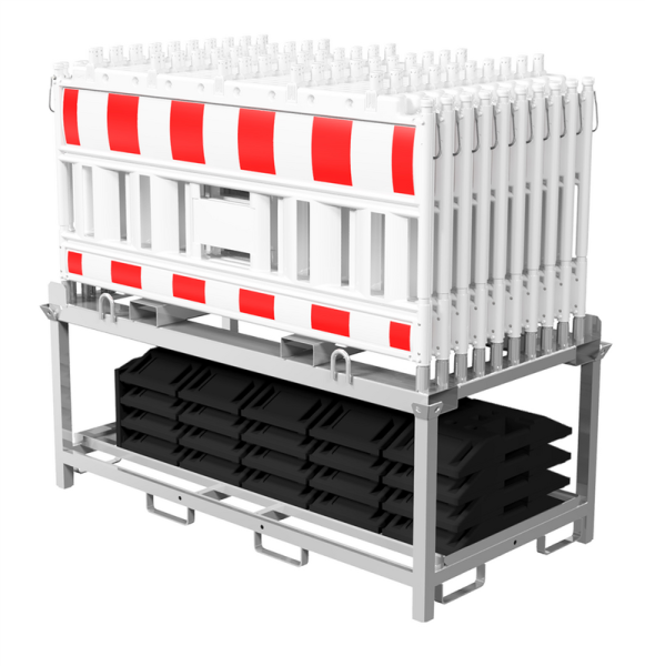 Schake Absperrschrankengitter Set V33420KSET mit 20 Gittern und 21 TL-Fußplatten K1 (30 kg) auf Lager- und Transporttraverse