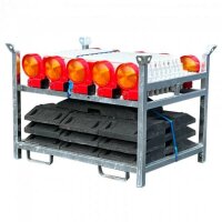 SCHAKE SET 3 mit 10 Baken, Fußplatten und Lampen auf Lager- und Trasportpalette mit Folie Typ RA1/A, rot/weiß einseitig pfeilförmig BASt Wendebake 36NOXPE-G2-SET3