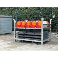 SCHAKE SET 3 mit 10 Baken, Fußplatten und Lampen auf Lager- und Trasportpalette mit Folie Typ RA1/A, rot/weiß einseitig pfeilförmig BASt Wendebake 36NOXPE-G2-SET3