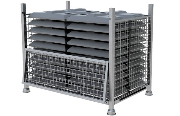 Schake Transportbox 31995-5 für 44 Flachbakenfüße oder 28 Fußplatten, verzinkt, stapelbar, mit Kranösen