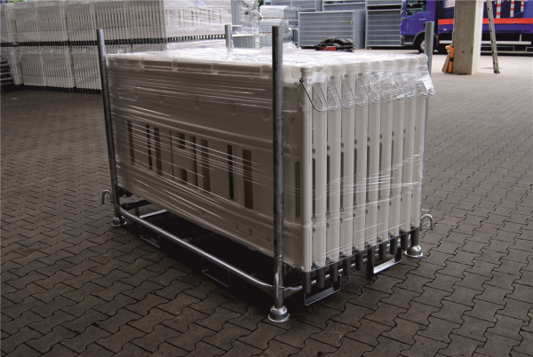Schake Stapelpalette 32001-0 für 20 Absperrschrankengitter, für Kran- und Staplerbetrieb, mit Einfahrschuhen