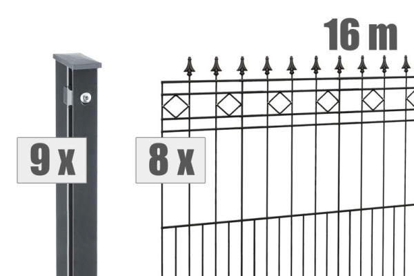 AOS STAHL 16m Zaunpaket KOMPLETT Schmuckzaun RIMINI inkl. Pfosten Höhe 1100mm Länge 16m