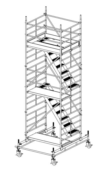 MÜBA 6,65m Typ 150/4-T Alu- Treppengerüst fahrbar Arbeitshöhe 6,65 m, Gerüsthöhe 5,95m, Standhöhe 4,65m, Standfläche 1,30x1,80m