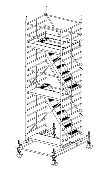 MÜBA 665m Typ 150-4-T Alu- Treppengerüst fahrbar Arbeitshöhe 665 m Gerüsthöhe 595m Standhöhe 465m Standfläche 130x180m