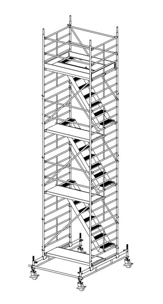 MÜBA 8,65m Typ 150/6-T Alu- Treppengerüst fahrbar Arbeitshöhe 8,65 m, Gerüsthöhe 7,95m, Standhöhe 6,65m, Standfläche 1,30x1,80m