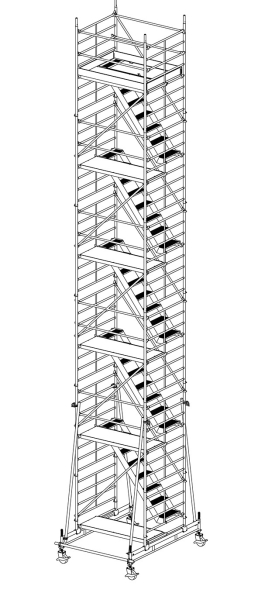 MÜBA 1265m Typ 150-10-T Alu- Treppengerüst fahrbar Arbeitshöhe 1265 m Gerüsthöhe 1195m Standhöhe 1065m Standfläche 130x180m