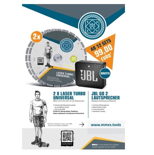 Profibau Diamanttrennscheiben Aktions-Set 80758 Laser Turbo Universal, 350 mm, mit JBL GO2 Lautsprecher