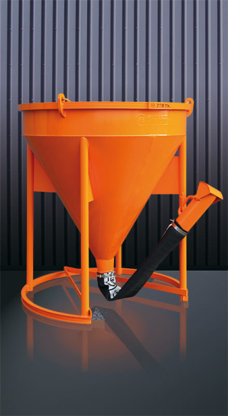 EICHINGER Betonsilo, 1017.4, 300 Liter, zylindrisch-konisch, angeschweißte Kette, Verschlussklappe am Schlauchende, zentraler Auslass, 1250 mm Gummischlauch, Ø 150 mm