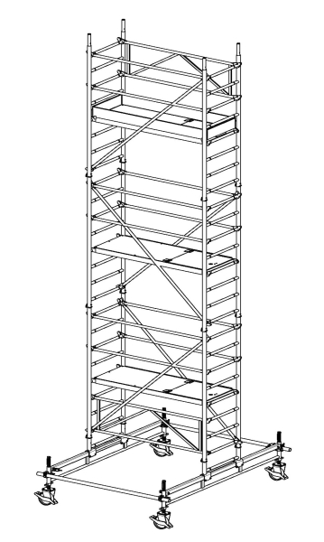 MÜBA 7,65m Typ 70/5-250S Alu-Fahrgerüst Arbeitshöhe 7,65 m, Gerüsthöhe 6,65 m, Standhöhe 5,65 m, Standfläche 0,65 x 2,50 m