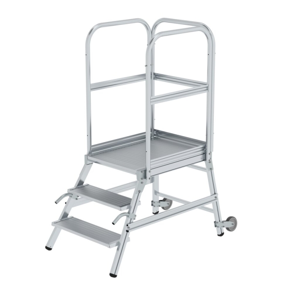 MUNK Podesttreppe einseitig begehbar mit Rollen und Griffen Aluminium geriffelt 3 Stufen, 56103