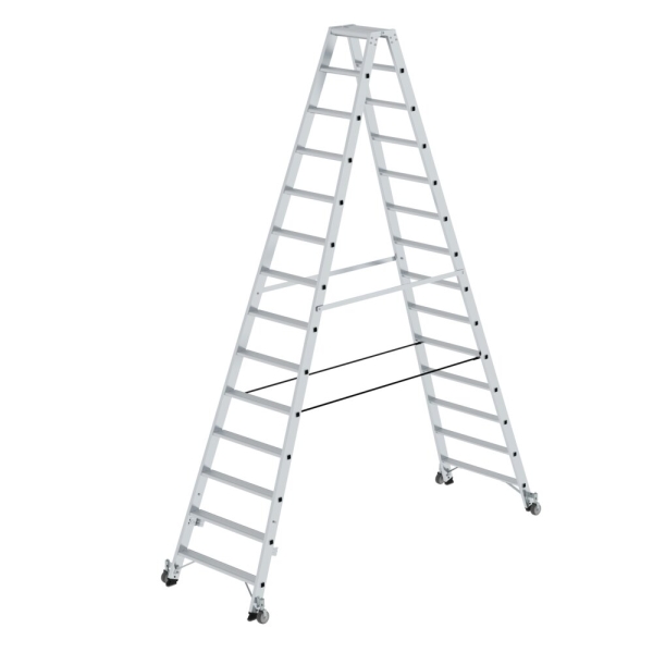 MUNK Stufen-Stehleiter beidseitig begehbar mit Rollen 2x14 Stufen, 41228