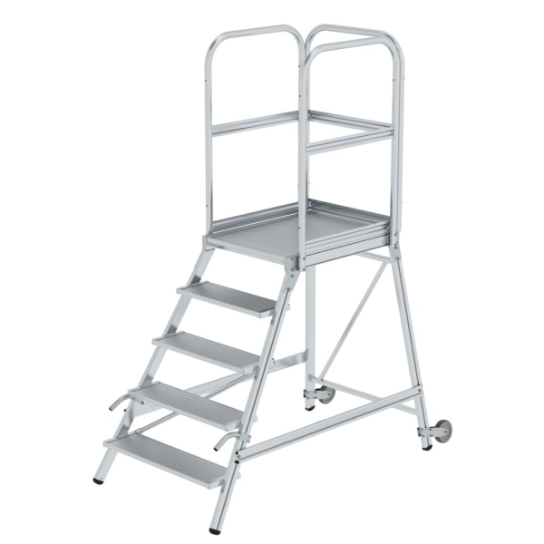 MUNK Podesttreppe einseitig begehbar mit Rollen und Griffen Aluminium geriffelt 5 Stufen, 56105