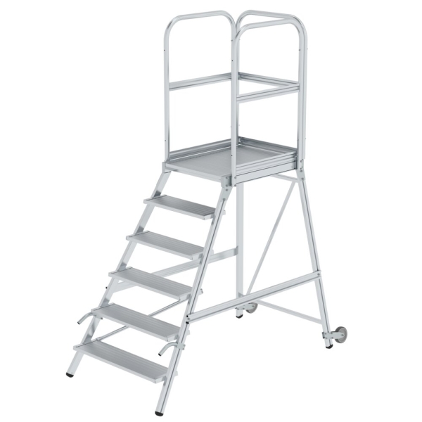 MUNK Podesttreppe einseitig begehbar mit Rollen und Griffen Aluminium geriffelt 6 Stufen, 56106