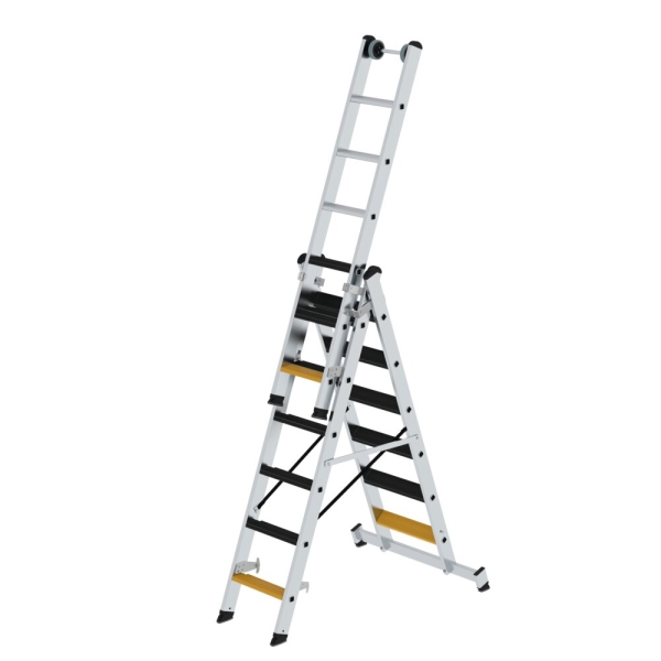 MUNK Stufen-Mehrzweckleiter 3-teilig mit nivello®-Traverse und clip-step R13 3x6 Stufen, 33319
