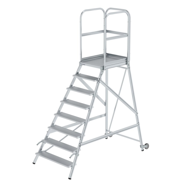 MUNK Podesttreppe einseitig begehbar mit Rollen und Griffen Aluminium geriffelt 8 Stufen, 56108