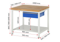RAU Werkbank höhenverstellbar 8001A6, B1000xT900xH840-1040mm, 1xSchublade-TA, 03-8001A6-109B4H.11