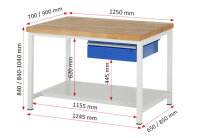 RAU Werkbank höhenverstellbar 8001A6, B1250xT700xH840-1040mm, 1xSchublade-TA, 03-8001A6-127B4H.11