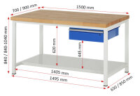 RAU Werkbank höhenverstellbar 8001A6, B1500xT700xH840-1040mm, 1xSchublade-TA, 03-8001A6-157B4H.11
