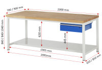 RAU Werkbank höhenverstellbar 8001A6, B2000xT700xH840-1040mm, 1xSchublade-TA, 03-8001A6-207B4H.11