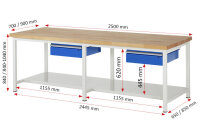 RAU Werkbank höhenverstellbar 8001A6, B2500xT900xH840-1040mm, 2xSchublade-TA, 03-8001A6-259B4H.11