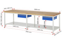 RAU Werkbank höhenverstellbar 8001A6, B3000xT700xH840-1040mm, 2xSchublade-TA, 03-8001A6-307B4H.11