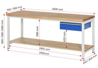 RAU Werkbank höhenverstellbar 8001A7, B2000xT900xH840-1040mm, 1xSchublade-TA, 03-8001A7-209B4H.11