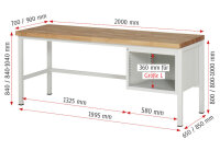 RAU Werkbank höhenverstellbar 8125A1, B2000xT900xH840-1040mm, 2xSchublade-TA, 03-8125A1-209B4H.11