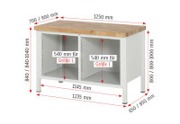 RAU Werkbank höhenverstellbar 8466A2, B1250xT900xH840-1040mm, 2xSchublade-TA, 2xTüren, 03-8466A2-129B4H.11