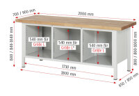 RAU Werkbank höhenverstellbar 8562A2, B2000xT700xH840-1040mm, 3xSchublade-TA, 2xTür, 03-8562A2-207B4H.11