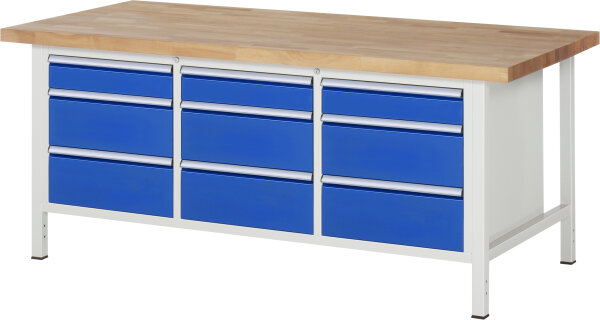RAU Werkbank höhenverstellbar 8573A2, B2000xT900xH840-1040mm, 9xSchublade-TA, 03-8573A2-209B4H.11