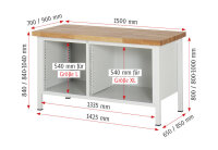 RAU Werkbank höhenverstellbar 8651A2, B1500xT700xH840-1040mm, 2xSchublade-TA, 1xTür, 03-8651A2-157B4H.11