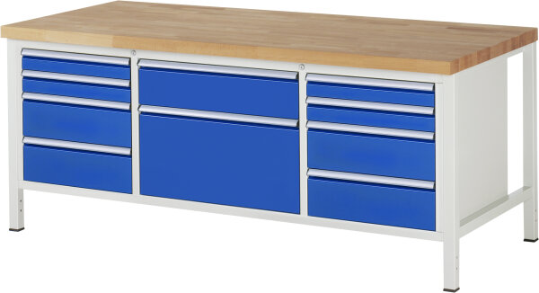 RAU Werkbank höhenverstellbar 8755A2, B2000xT900xH840-1040mm, 10xSchublade-TA, 03-8755A2-209B4H.11