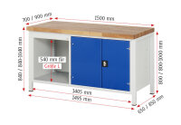 RAU Werkbank höhenverstellbar 8905A2, B1500xT900xH840-1040mm, 4xSchublade-TA, 1xTür, 03-8905A2-159B4H.11