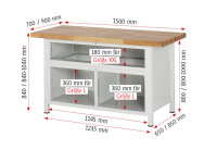 RAU Werkbank höhenverstellbar 8921A2, B1500xT700xH840-1040mm, 7xSchublade-TA, 03-8921A2-157B4H.11