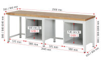 RAU Werkbank höhenverstellbar 8152A1, B2500xT900xH840-1040mm, 2xSchublade-VA, 2xTür, 13-8152A1-259B4H.11
