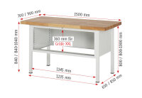 RAU Werkbank höhenverstellbar 8323A2, B1500xT900xH840-1040mm, 2xSchublade-VA, 13-8323A2-159B4H.11