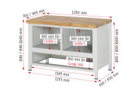 RAU Werkbank höhenverstellbar 8932A2, B1250xT900xH840-1040mm, 5xSchublade-VA, 1xTür, 13-8932A2-129B4H.11