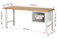 RAU Werkbank höhenverstellbar 7125A1, B2000xT900xH790-1140mm, 2xSchublade-TA, 03-7125A1-209B4H.11