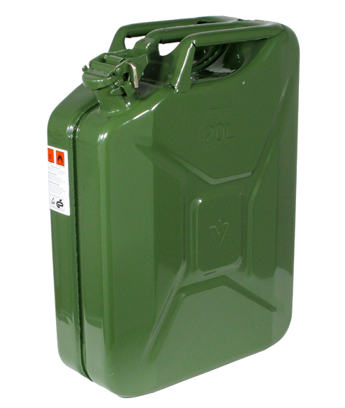 Benzinkanister 20 l, olivgrün (RAL 6003), TÜV/GS/UN-Zulassung Aus starkem Stahlblech mit UN-Nr. olivgrün lackiert Maße: 34,5 cm x 16,5 cm x 46,5 cm