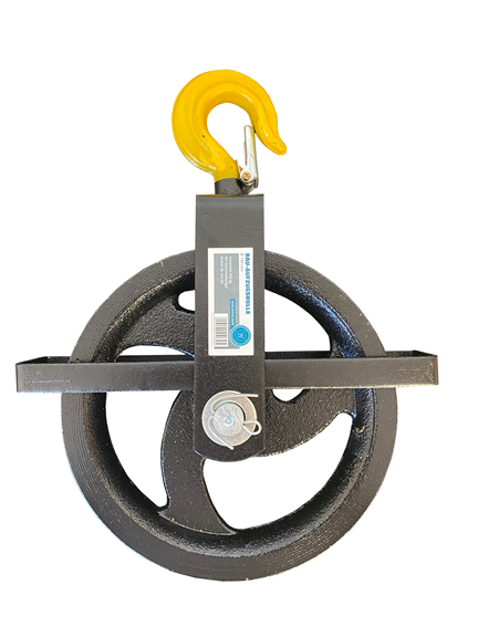 MMXX Bau-Aufzugsrolle für Hanf-Eimerseil, CE, für Seile bis Ø 28 mm Durchmesser der Rolle: 190 mm Traglast: 200 kg mit Sicherheitsbügel am Aufhängehaken aus Gusseisen geeignet für Seildurchmesser von 18-22 mm