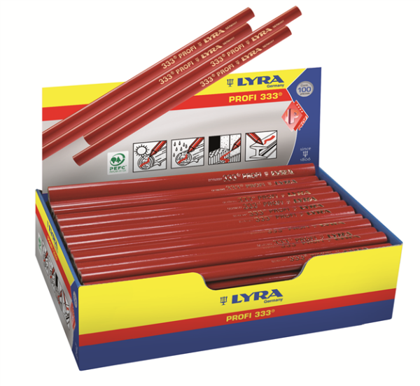 LYRA Zimmermannsstift 333, Vollblei, 300 mm, oval, rot poliert, ungespritzt, Profi-Qualität
