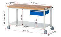 RAU Fahrbare Werkbank 8001, B1500xT700xH880-1080mm, Ablageboden-MT, 1xSchublade-TA, 05-8001A6-157B4H.11