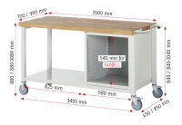 RAU Fahrbare Werkbank 8152, B1500xT900xH880-1080mm, 1xSchublade-TA, 1xTür, 05-8152A6-159B4H.11