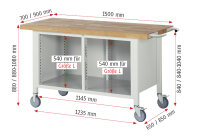 RAU Fahrbare Werkbank 8466, B1500xT700xH880-1080mm, 2xSchublade-TA, 2xTüren, 05-8466A2-157B4H.11