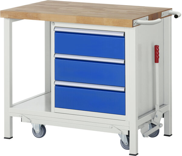 RAU Werkbank mit Fahrgestell 8157, B1000xT700xH880mm, 3xSchublade-VA, 15-8157A6-107B4F.11