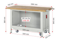 RAU Werkbank mit Fahrgestell 8362, B1500xT700xH880mm, 4xSchublade-VA, 15-8362A2-157B4F.11